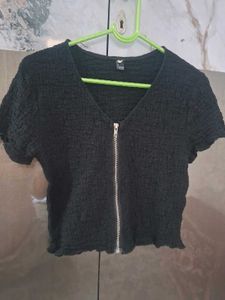 Black Textured Cropped Zip Top