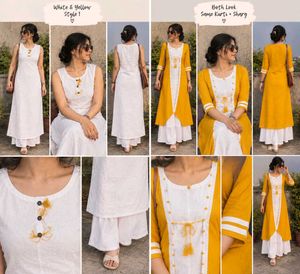 Yellow & White Straight Kurti with Shrug | M Size