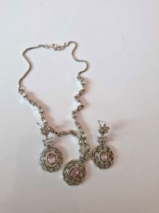 Elegant Pink Stone Necklace &amp; Earring Set (Zeneme)