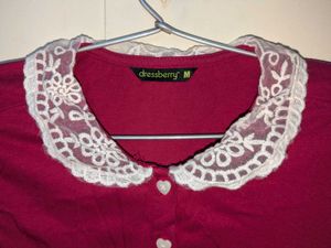 Cute Maroon Dress with Embroidered Lace Collar