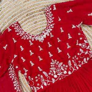 Red Embroidered Anarkali  Set