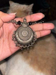 Oxidized Silver Necklace with Black Beads