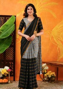 Elegant Black & Grey Striped Saree