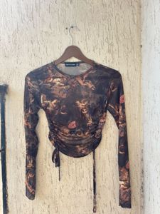 Sheer Mesh Ruched Long Sleeve Top