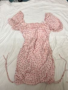 Pink Polka Dot Ruched Mini Dress