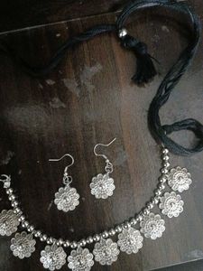 Oxidized Silver Floral Choker Set