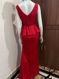 Korean Elegant Red Lace Peplum Gown