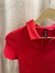 Red Ribbed Polo Collar Mini Dress