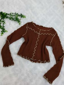 Brown Lettuce Hem Long Sleeve Top