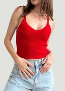 H&M Red V-Neck Ribbed Tank Top