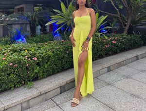Lime Green🍋‍🟩 Ruched Maxi Dress with Slit