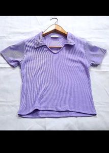 Purple Ribbed Collared Top