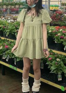 y2k Cute Green Gingham Mini Dress