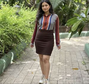 Chic Vertical Stripe Shirt & Dark Brown Mini Skirt
