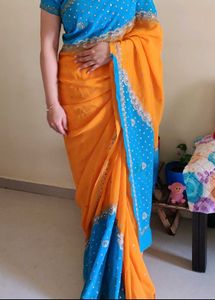 Designer Orange blue heavy work saree