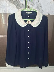 Navy Blue Blouse with Lace Collar