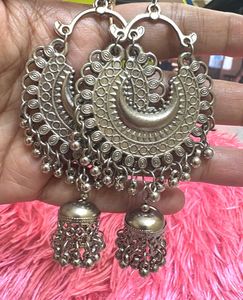 Boho Silver Jhumka Earrings-set of2