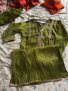 Olive Green Kurta Set with Embellishments