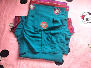 Firozi Saree With Matching Blouse