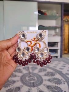 Maroon Kundan &amp; Crystal Drop Earrings