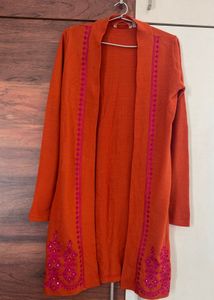 Rust Orange Knee-Length Embroidered Shrug