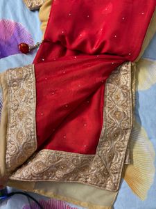 🔥SALE🔥Elegant Red &amp; Cream Embroidered Saree