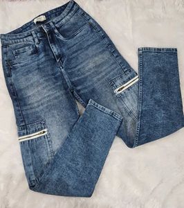 Washed Blue Cargo High Waist Jeans
