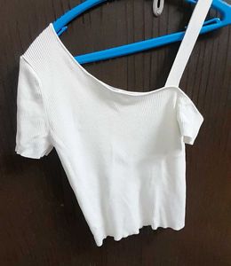White Ribbed One-Shoulder Top