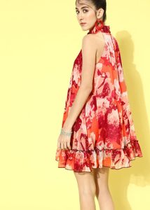 Vibrant Floral Halter Neck Mini Dress