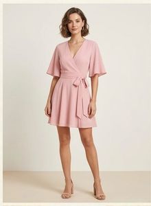 Pink Flutter Sleeve Wrap Dress