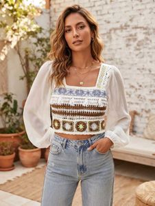 Boho😍 Crochet Crop Top with Sheer Sleeves