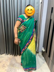 Pure Georgette yellow green saree