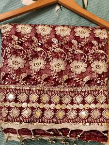 Maroon Embroidered Dupatta with Tassels