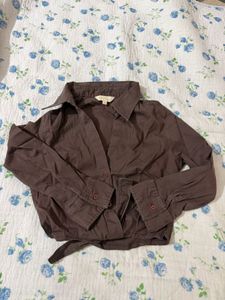 Brown Cropped Tie-Waist Shirt