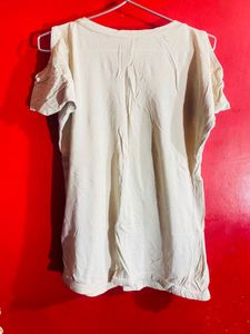 Cream Graphic Tee with Cutout Shoulders