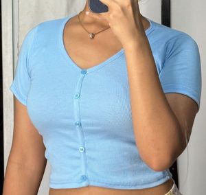 Baby Blue Ribbed Button-Up Crop Top