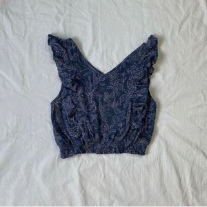Blue Tropical Print Ruffle Top