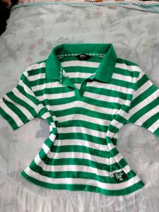 Green &amp; White Striped Polo T-Shirt