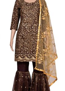 beautiful soft sharara suit with golden dupatta