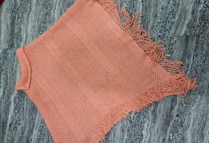 Coral Knit Poncho with Fringe