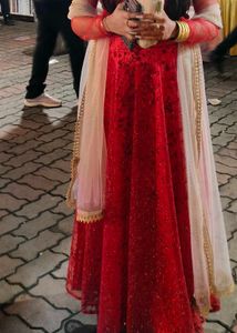 Elegant Pink Lace Gown with Dupatta