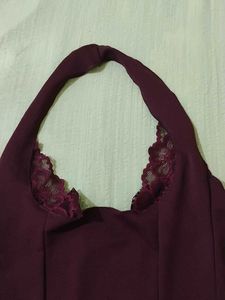 Burgundy Halter Neck Lace Trim Crop Top