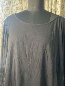 A.N.A Black Cotton Top with Embroidered Sleeves