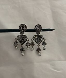 Antique Silver Tone Heart Jhumka Earrings