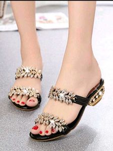 Black & Golden Stonework Block Heels/Party Sandal