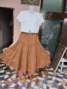 Brown Pleated Flared Maxi Skirt - Free Size