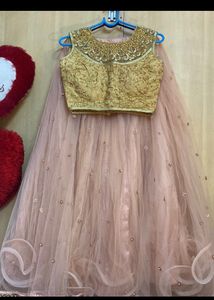 Golden And Peach Net Designer Lehanga