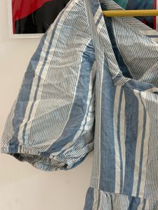 Blue Striped Puff Sleeve Square Neck Dress