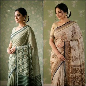 Combo Of 2 Ethnic Saree Set Green Cream Silver
