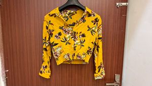 yellow floral shirt style crop top